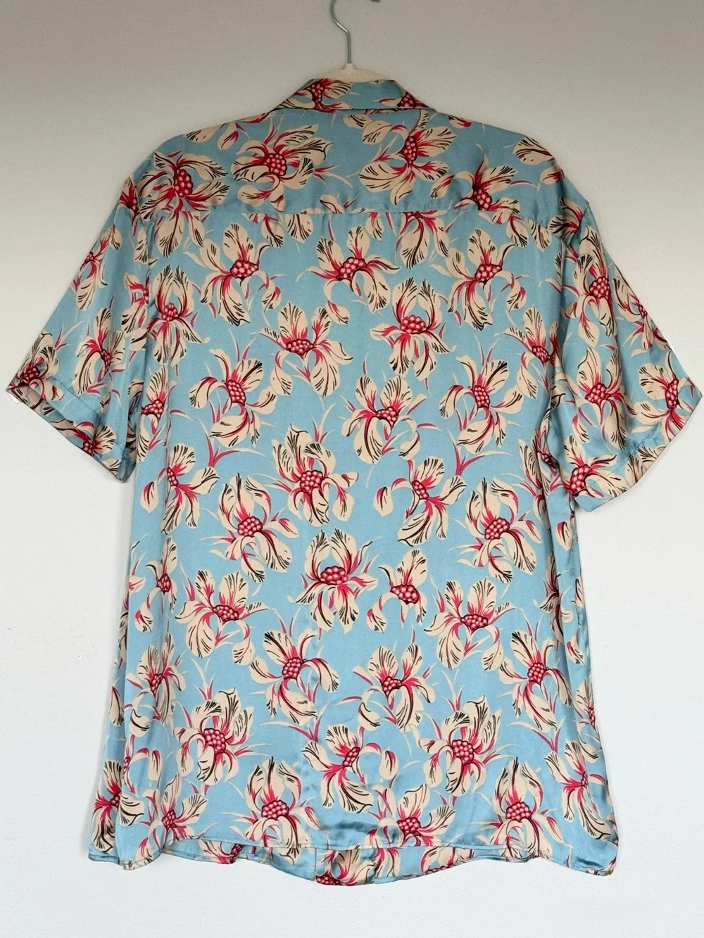 Zara Man Slim Fit Floral Camp Collar Shirt Blue Red Floral Hawaiian Button Down